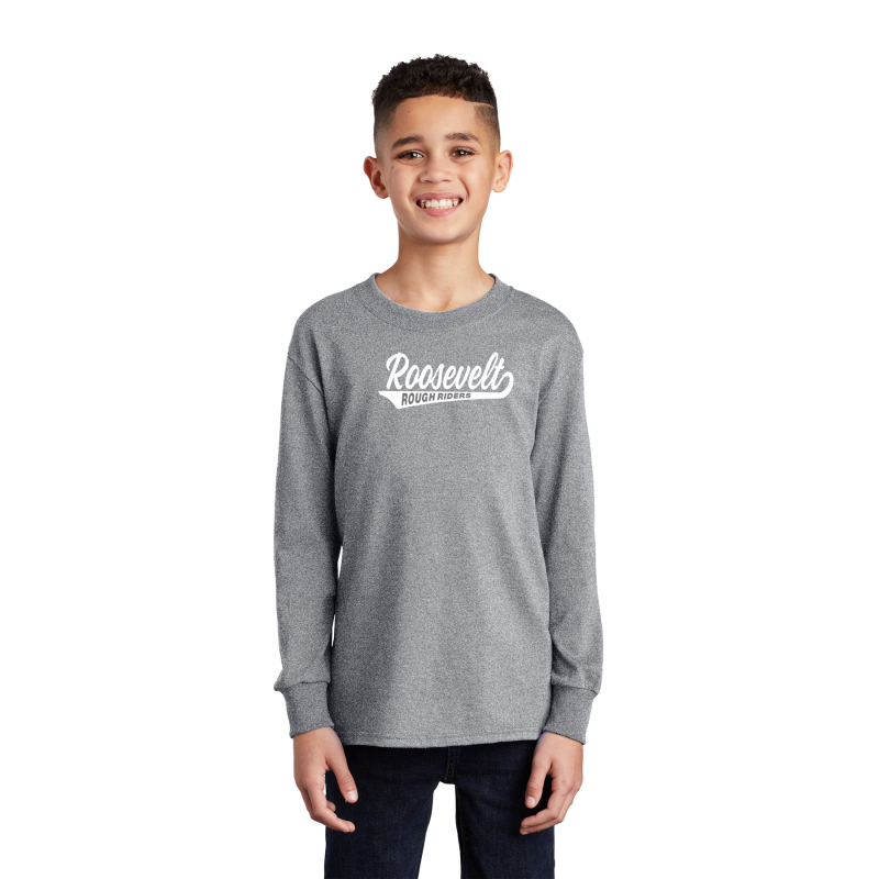 PC54YLS  Port & Company® Youth Long Sleeve Core Cotton Tee; FRONT TAIL PRINT